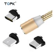 Магнитный светодиодный кабель TOPK с магнитным  micro USB/Type-C/iPhone коннектором золотой